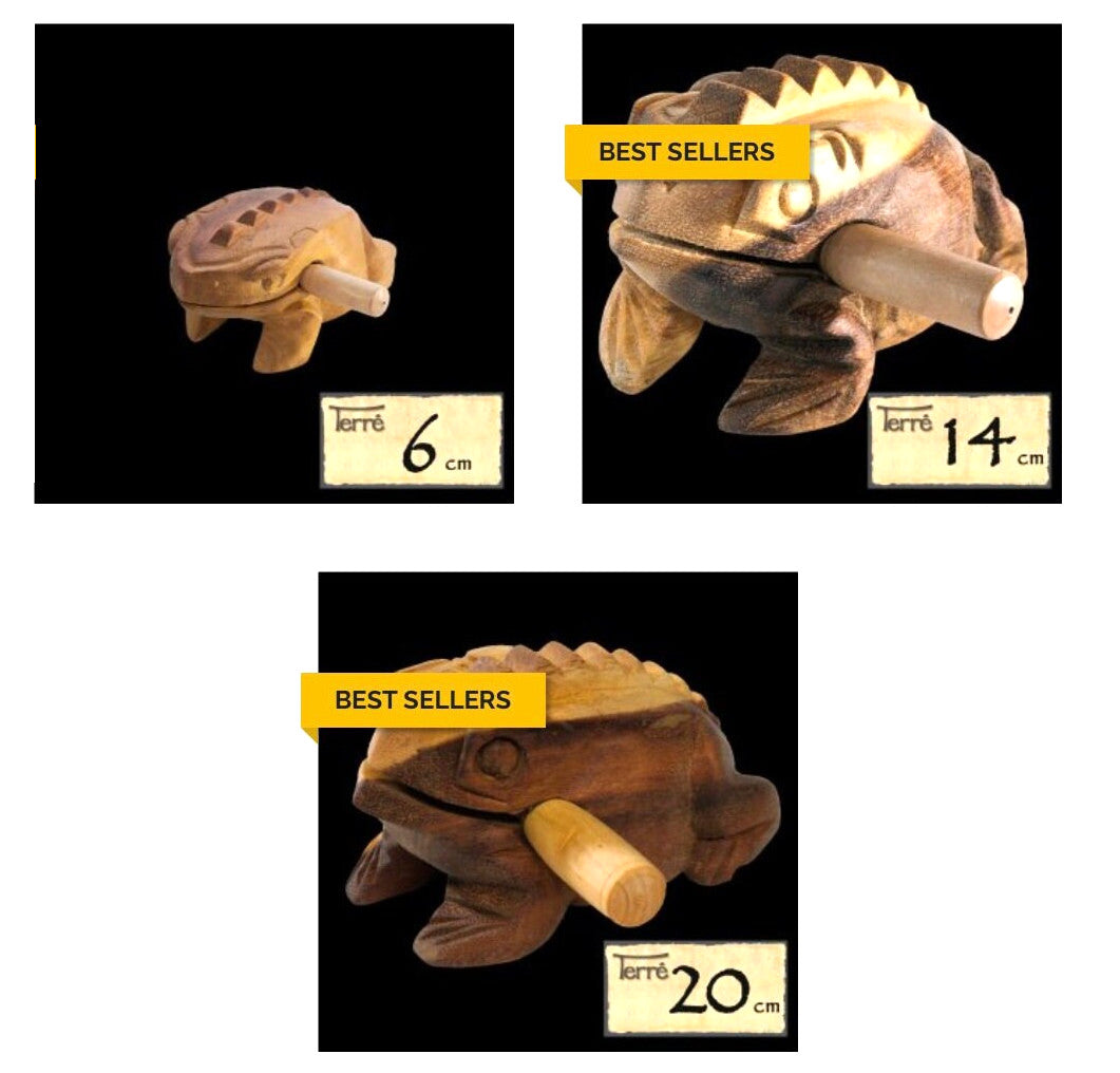 Guiro en bois en forme de grenouille. De 29,00 × 7,50 × 7,50 centimètres de long. 0,300 kilogramme. Livré avec bâton !