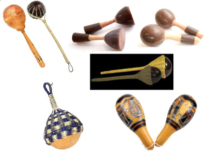 Sélection de divers modèles au choix de maracas, hochet ou shaker, fait en bois, potiron et osier... Parfait pour vos projets sonores de danses ou pour des cadeaux originaux !