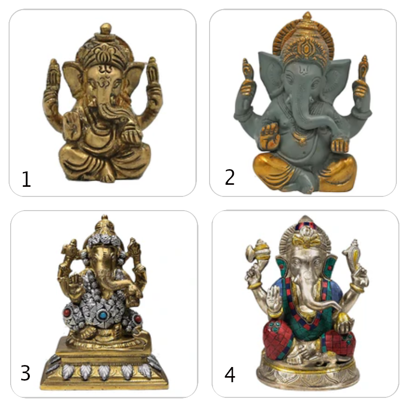 Sélection de Ganesh en laiton, de 5 à 20 centimètres de haut. 2 Modéles avec sertissages de vraies pierres. Parfait dans une salle de Méditation, Autel, Collection, Exposition...!