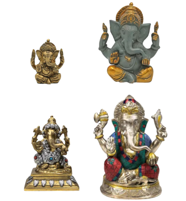 Sélection de Ganesh en laiton, de 5 à 20 centimètres de haut. 2 Modéles avec sertissages de vraies pierres. Parfait dans une salle de Méditation, Autel, Collection, Exposition...!