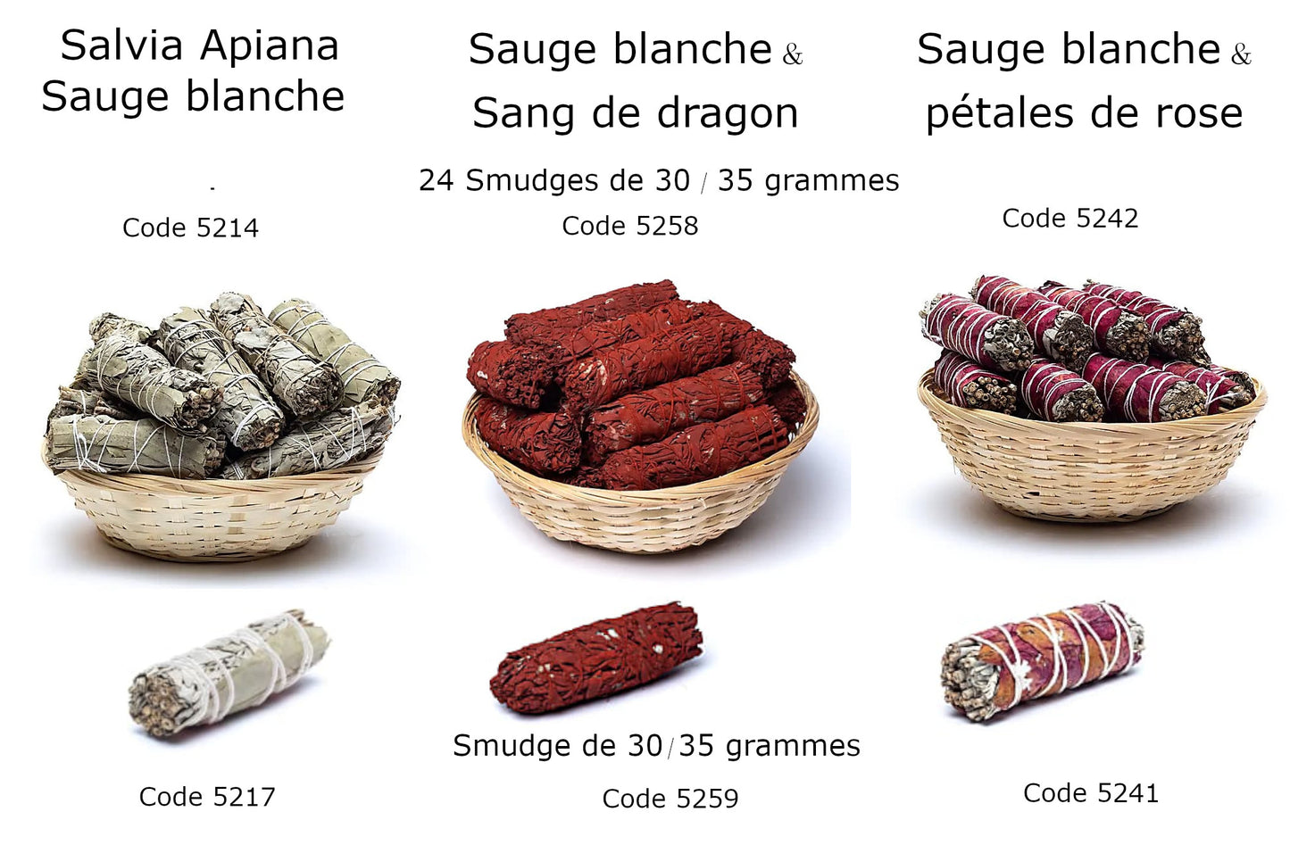 Sélection de sauge blanche vendu en smudge (bouquet) de 25/ 30 gr. ou en pack de 24 smudges. 3 parfums au choix : 100% naturel - Sang de dragon - Rose. Parfait !