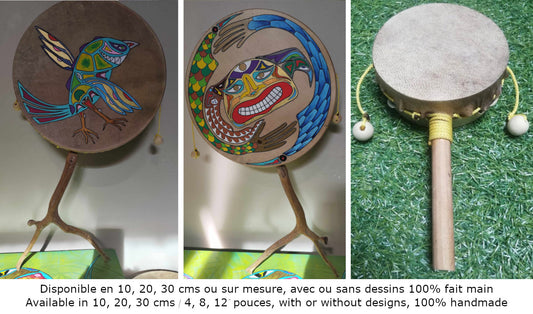 Damaru Tibétain ou 'tambour de mendiant'. Fait par un artisan en France (créateur de tambour), parfait ! De 10, 20 ou 30 cm de diamètre !