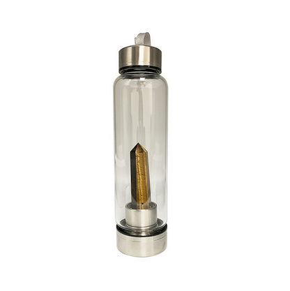 Sélection de bouteilles en verre et acier inoxydable pouvant contenir jusqu'à 550 ml. Pour fabriquer des élixirs ou dynamiser l'eau avec une véritable pierre, au choix : d'Améthyste, Labradorite, œil de tigre ou Cristal de roche. Vendu avec housse !