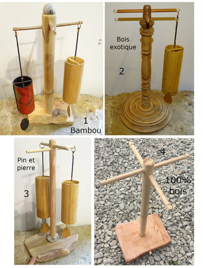 Création Gem & Zen, supports en bois pour carillon de style Koshi, Zaphir ou autres, de 45 centimètres de hauteur, base de 20 x 20cm.. Convient également pour cymbale Tibétaine (Tingsha). Option finition 'mat' ou 'brillant', parfait !