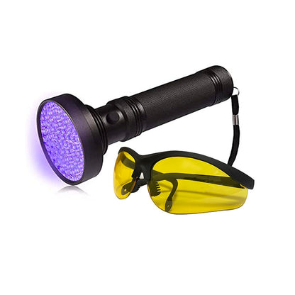 Lampe 'Pro' 100 LEDS ultraviolets, avec lunettes de protection. Ampoule, LED 395 nm (onde longue). Durée de vie de l'ampoule, 100 000 heures. Matériaux du corps en alliage d'aluminium, parfait !