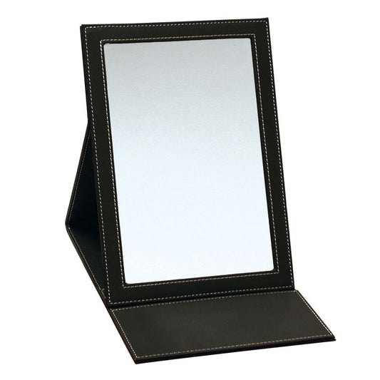 Luxueux Miroir de comptoir pliable, gainé noir. Se replie très facilement, très pratique pour le transport mais aussi en boutique. Dimensions : 18 x 24 cm