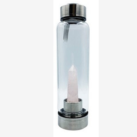 Sélection de bouteilles en verre et acier inoxydable pouvant contenir jusqu'à 550 ml. Pour fabriquer des élixirs ou dynamiser l'eau avec une véritable pierre, au choix : d'Améthyste, Labradorite, œil de tigre ou Cristal de roche. Vendu avec housse !