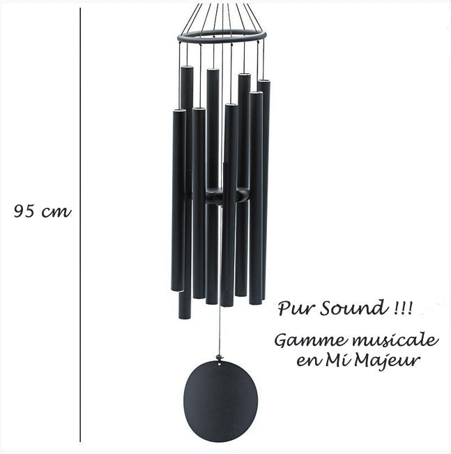 Carillon à vent a huit tubes noirs qui forment une gamme musicale en 528 hertz - Mi/E majeur, une gamme ultra relaxante et très douce ! 95 centimètres - 740 grammes.