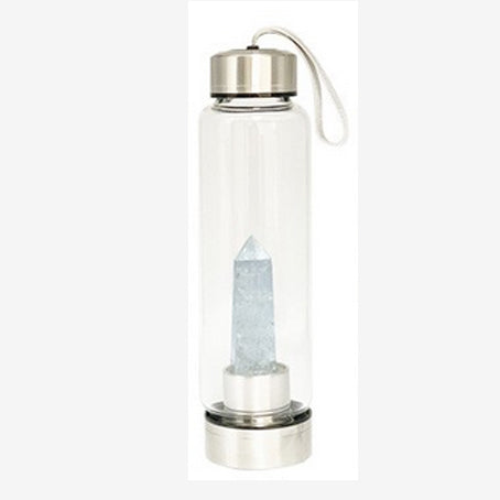 Sélection de bouteilles en verre et acier inoxydable pouvant contenir jusqu'à 550 ml. Pour fabriquer des élixirs ou dynamiser l'eau avec une véritable pierre, au choix : d'Améthyste, Labradorite, œil de tigre ou Cristal de roche. Vendu avec housse !