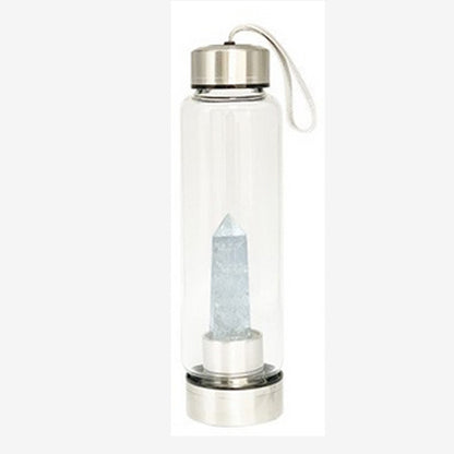 Sélection de bouteilles en verre et acier inoxydable pouvant contenir jusqu'à 550 ml. Pour fabriquer des élixirs ou dynamiser l'eau avec une véritable pierre, au choix : d'Améthyste, Labradorite, œil de tigre ou Cristal de roche. Vendu avec housse !