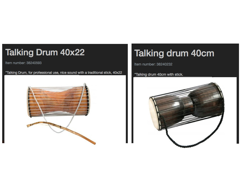 Talking drum/ tama ou 'tambour parlant', 2 modèles au choix d'Afrique. Vendu avec son pilon (maillet adapté). Dimensions : 40x23x23 cm - 2,5 kg environ, parfait !