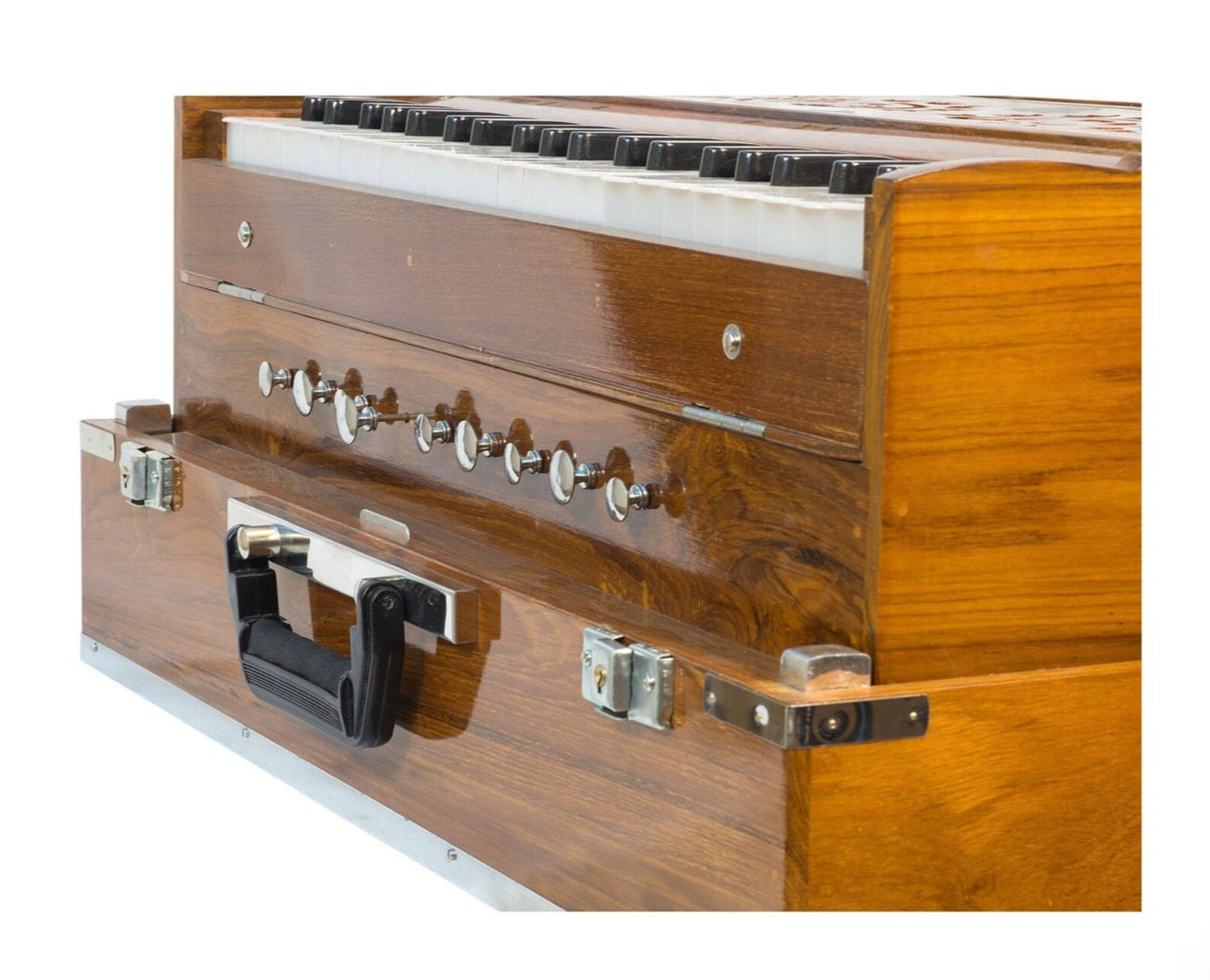 Harmonium Indien, finition 'DELUXE', marque 'Ligner', modèle 3 voix avec boîte de rangement amovible pour le transport. Superbe instrument, "mythique et envoutant"... 61 cm X 40 x 19 de hauteur/ 15 kgs. Réglable pour gaucher ou droitier, PARFAIT !