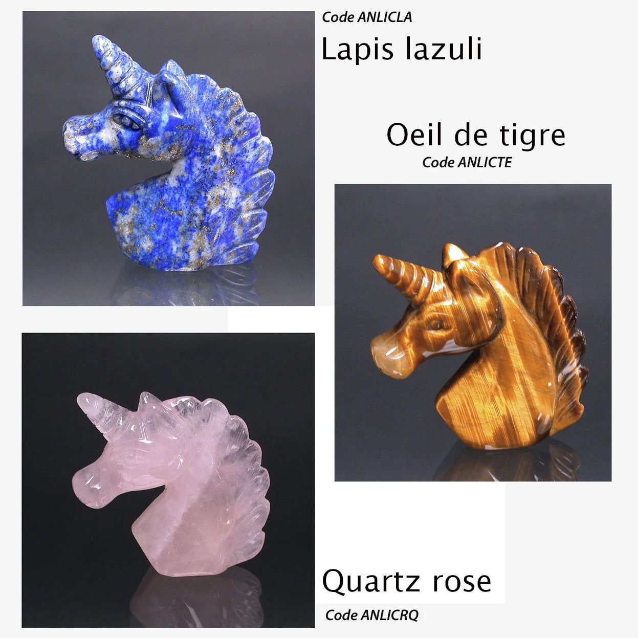 Sélection de licorne en pierres, au choix : Quartz cristal/ quartz rose/ lapis lazuli. De 45 mm de haut x 45 x 15 / 38 grammes. Trés belle finitions, superbes pièces !