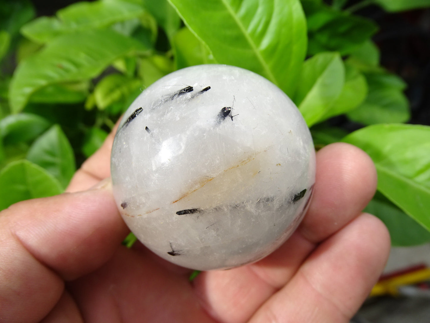 Sphères de Cristal/ Quartz avec inclusions de tourmaline noire, de 46 et 52 millimètres - 136 et 196 grammes. une pierre surprenante ! Parfait pour la lithothérapie, collection, exposition...!