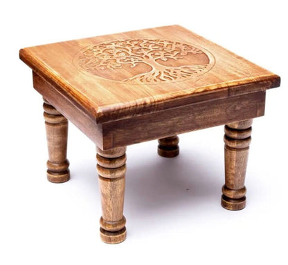 Table d'appoint/ Autel, en bois d'acacia avec motifs gravés de la 'fleur ou arbre de vie', 30X30X23 cm/ 2250 grammes. Haute qualité du symbole de la fleur de vie.  Fini avec un vernis à la cire. Assemblage facile avec les pieds à visser.