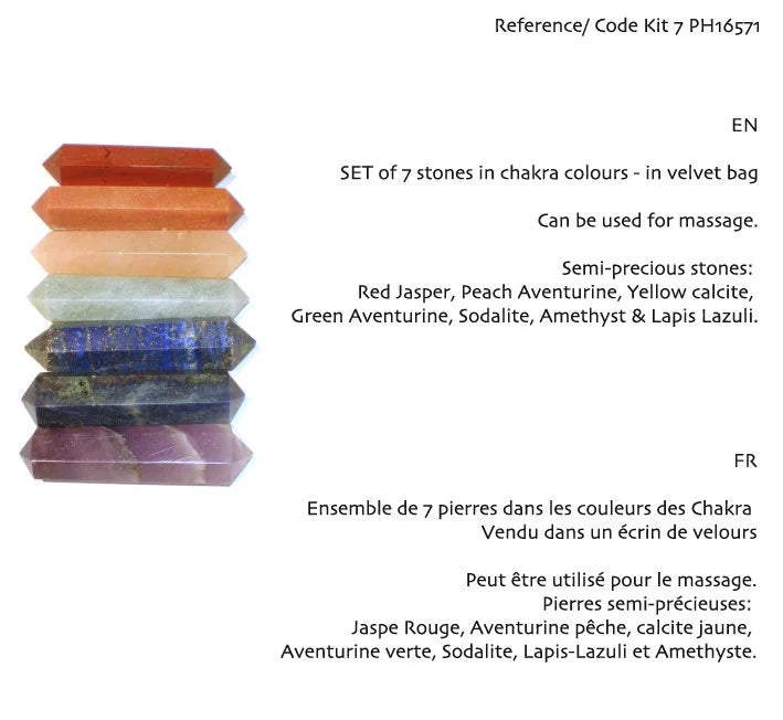 Sélection de kits 7 chakras, 4 modèles au choix en 'galets, pointes, gravés ou lisses'. Parfait pour la lithothérapie, en cadeau, en collection... parfait !