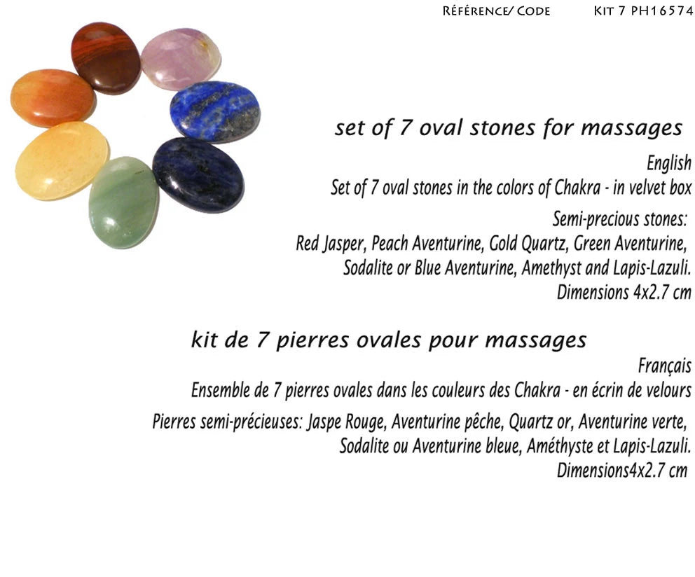 Sélection de kits 7 chakras, 4 modèles au choix en 'galets, pointes, gravés ou lisses'. Parfait pour la lithothérapie, en cadeau, en collection... parfait !