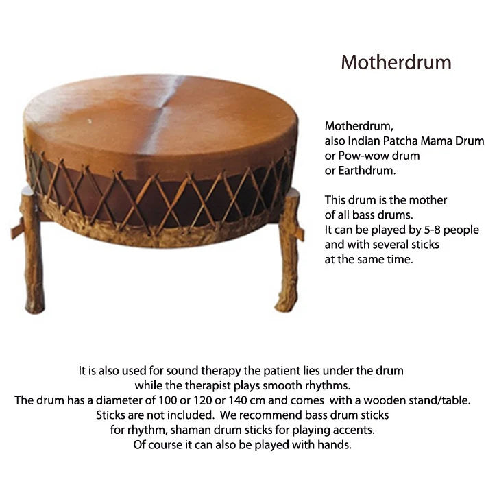 Tambour 'Mère'/ Mother drum, modèles au choix de Ø 100, 120, 140 centimètres. Vendu avec 2 maillets adaptés de 50x8 centimètres, parfait pour des rituels à plusieurs ! Housse + table en option !