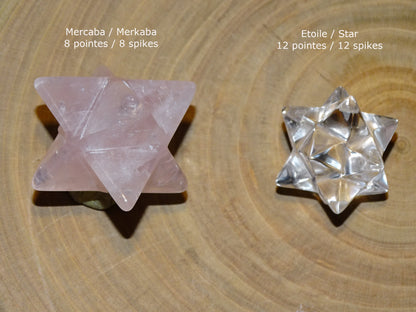 Etoiles de Sirius (étoile à 12 branches) et Mercabah (étoile à 8 branches). Au choix en améthyste, quartz rose ou cristal de roche. De 15 à 85 millimètres. Vente à l'unité ou en lot, très belle qualité !