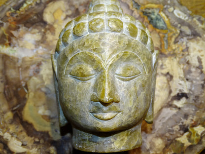 Sélection au choix de 2 Têtes du Bouddha, pièces anciennes, sculptés en pierre de type Jadeite', de taille XL de 8 et 11 centimètres de hauteur - Superbe pièce monté sur socle en bois, magnifique !