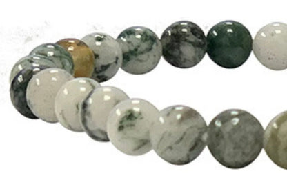 Agate Mousse 'Lichen', perles rondes de 6 ou 8 mm, vendu en fil de perle 40cm, ou bracelet de 17 à 21cm ou collier de 45 ou sautoir de 60cm. Superbes perles aux reflets verdâtres !