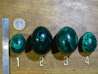 Sélection d'oeuf en malachite, de 57 à 177 grammes, de 35 à 50 millimètres de diamètre. Très belle qualité, parfait pour la lithothérapie, collection, exposition... !