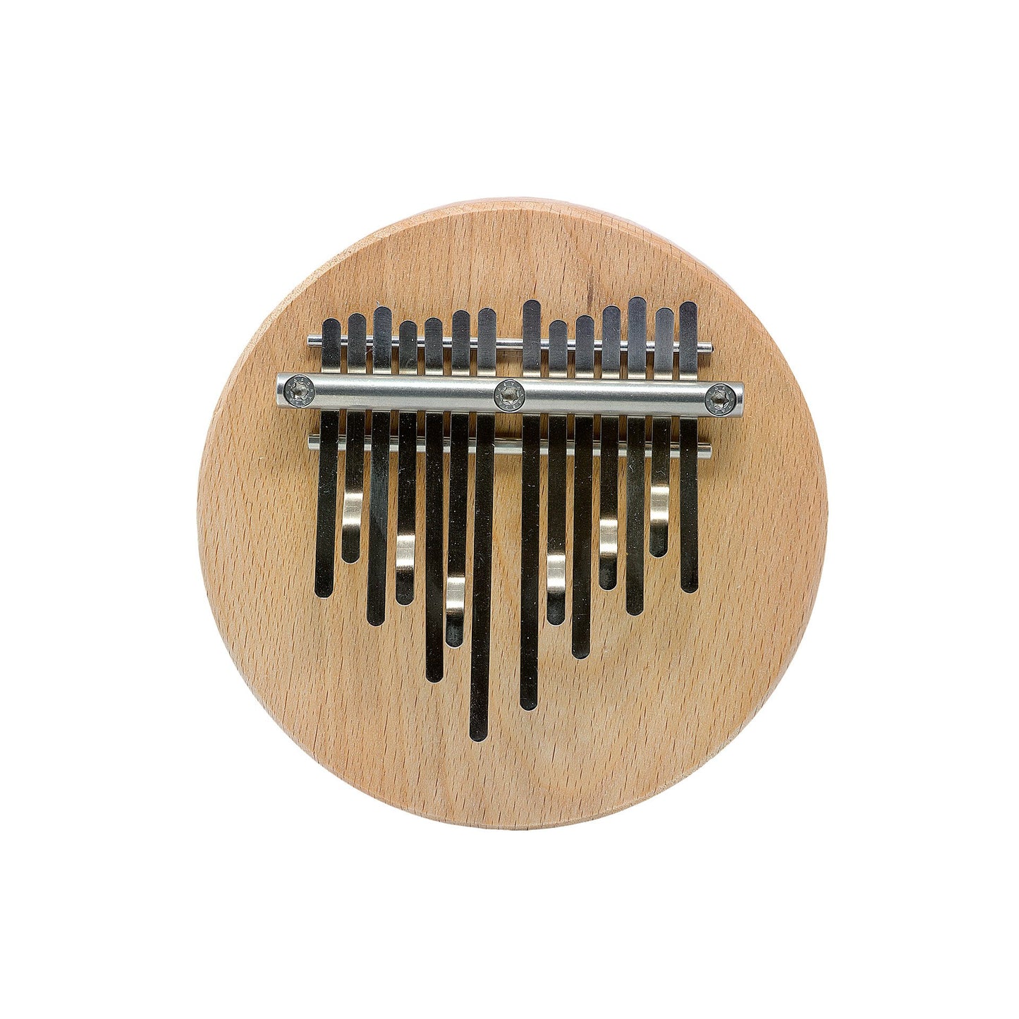 Kalimba 14 notes de Hands on Drum accordé*, avec ou sans aimant intégré (pour fixation sur un cajon ou un tambour). •Ø 14 centimètres, base en bois dur 2 cm de hauteur. Dimensions : 14,00 × 14,00 × 5,00 cm