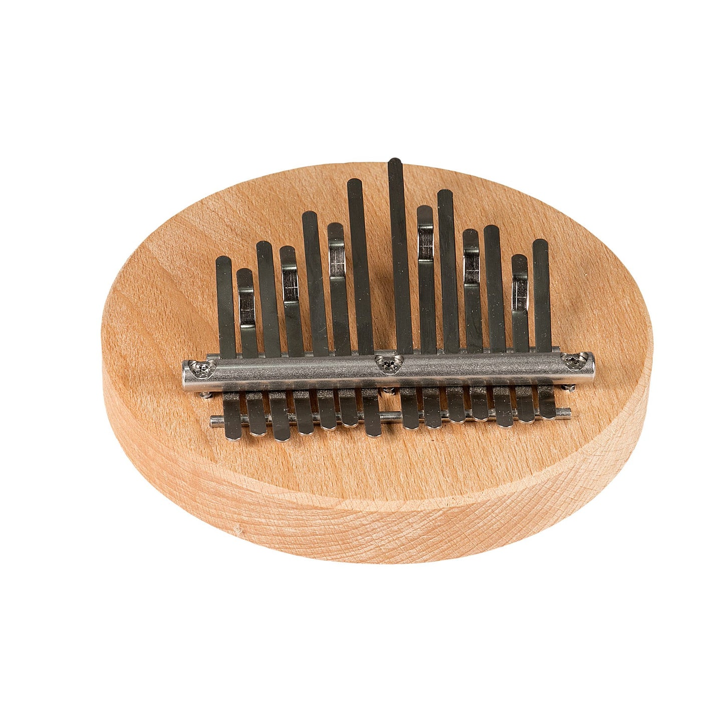 Kalimba 14 notes de Hands on Drum accordé*, avec ou sans aimant intégré (pour fixation sur un cajon ou un tambour). •Ø 14 centimètres, base en bois dur 2 cm de hauteur. Dimensions : 14,00 × 14,00 × 5,00 cm