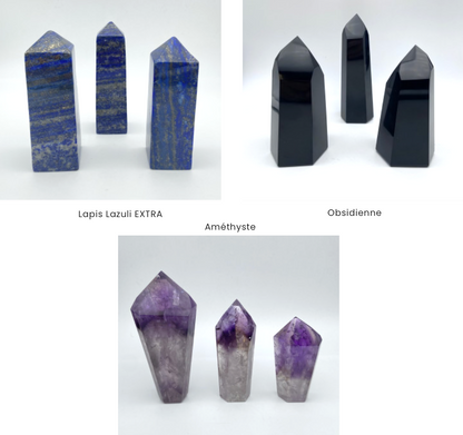 Sélection d'Obélisques au choix en lapis lazuli, amethyste ou obsidienne. 3 tailles au choix : 6/8 x 3 cm - 8/11 x 4cm - / 11 à 14 x 5cm. Vente à l'unité ou en lot de 3 !... Très belle qualité, parfait ...!