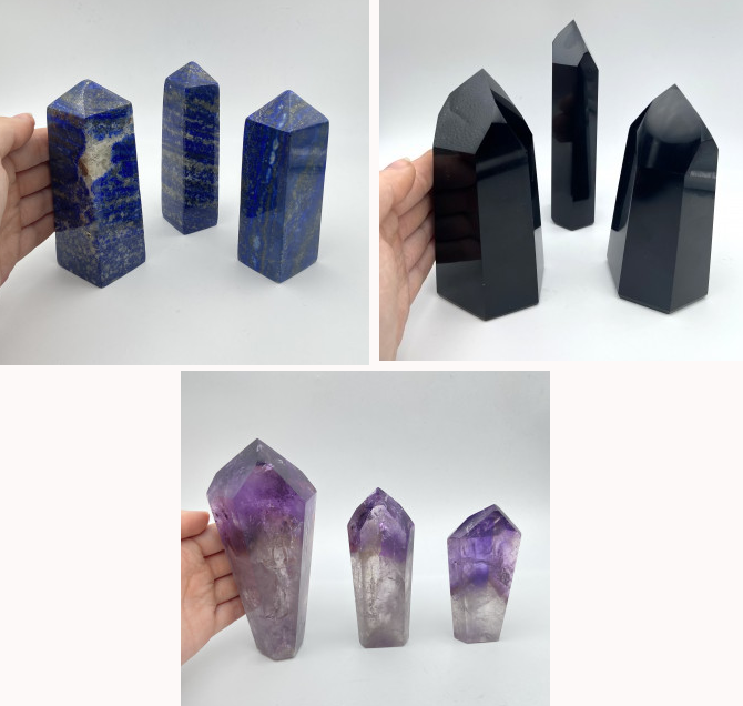 Sélection d'Obélisques au choix en lapis lazuli, amethyste ou obsidienne. 3 tailles au choix : 6/8 x 3 cm - 8/11 x 4cm - / 11 à 14 x 5cm. Vente à l'unité ou en lot de 3 !... Très belle qualité, parfait ...!