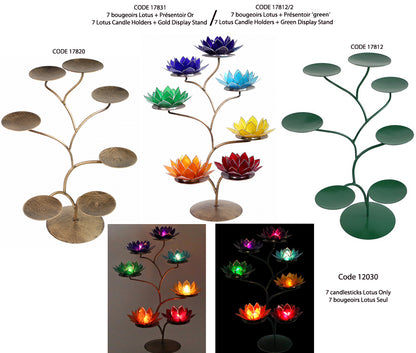 Supports en métal de 32 centimètres de diamètre x 42 de hauteur. 2 couleurs au choix, 'vert' ou 'Or', avec ou sans 7 bougeoirs/ 7 chakras. Très bel ensemble, parfait !