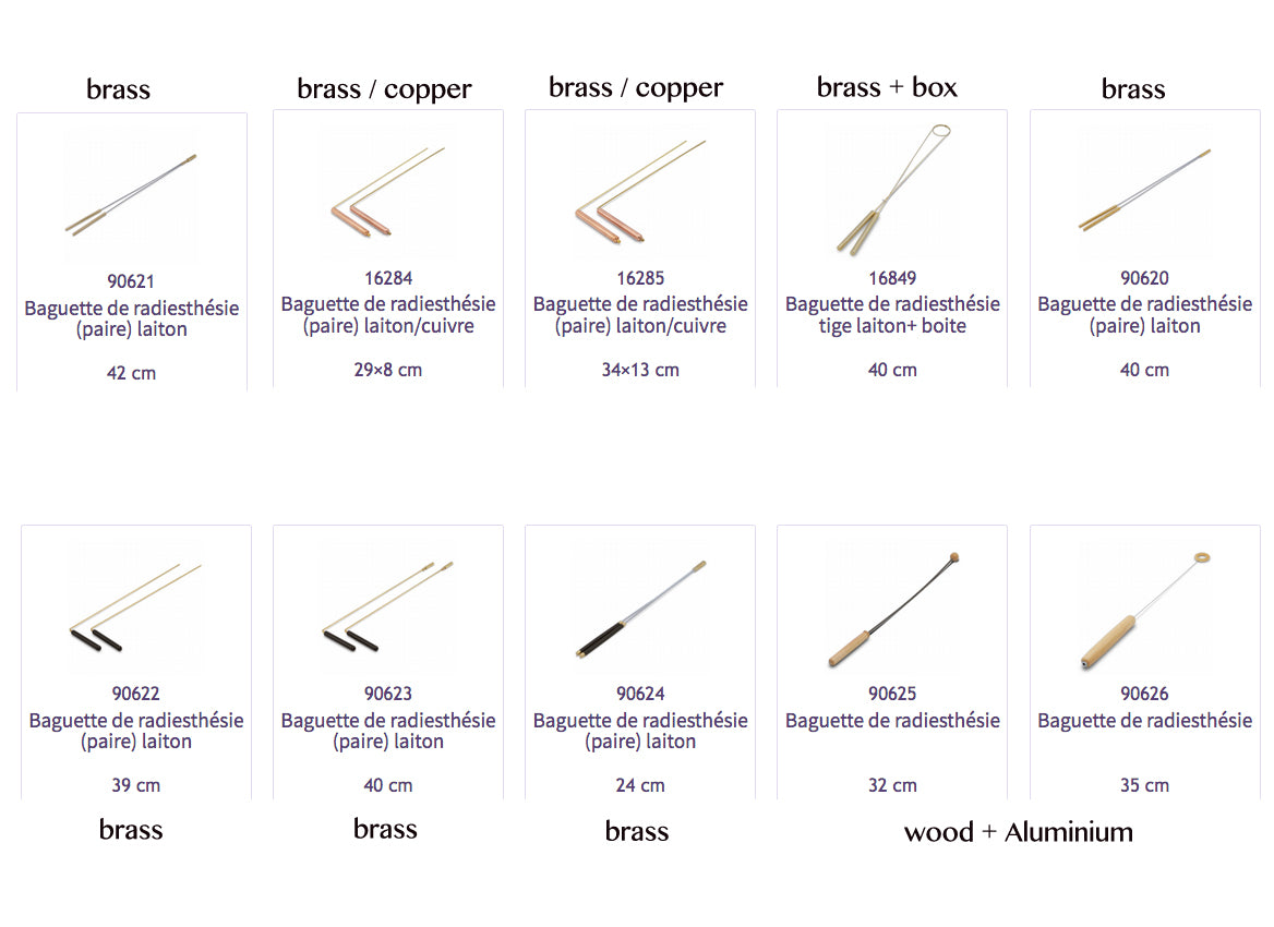 Sélection de baguettes de radiesthésie, en cuivre, laiton, bois. Longueur : 29 à 40 centimètres. Poids : 120 grammes. Très bonne qualité, parfait pour toutes utilisations ! Livrée avec un guide d'uilisation !