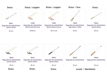 Sélection de baguettes de radiesthésie, en cuivre, laiton, bois. Longueur : 29 à 40 centimètres. Poids : 120 grammes. Très bonne qualité, parfait pour toutes utilisations ! Livrée avec un guide d'uilisation !