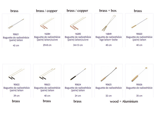 Sélection de baguettes de radiesthésie, en cuivre, laiton, bois. Longueur : 29 à 40 centimètres. Poids : 120 grammes. Très bonne qualité, parfait pour toutes utilisations ! Livrée avec un guide d'uilisation !