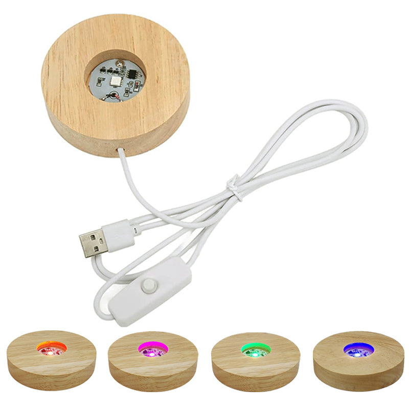 Base à LED multicolores, socle en bois, prise USB pour éclairer vos plus beaux spècimens. Dimensions (Ø x H) 10 x 2 cm. Puissance 5V. Peut être utilisé pour tous les minéraux transparents !