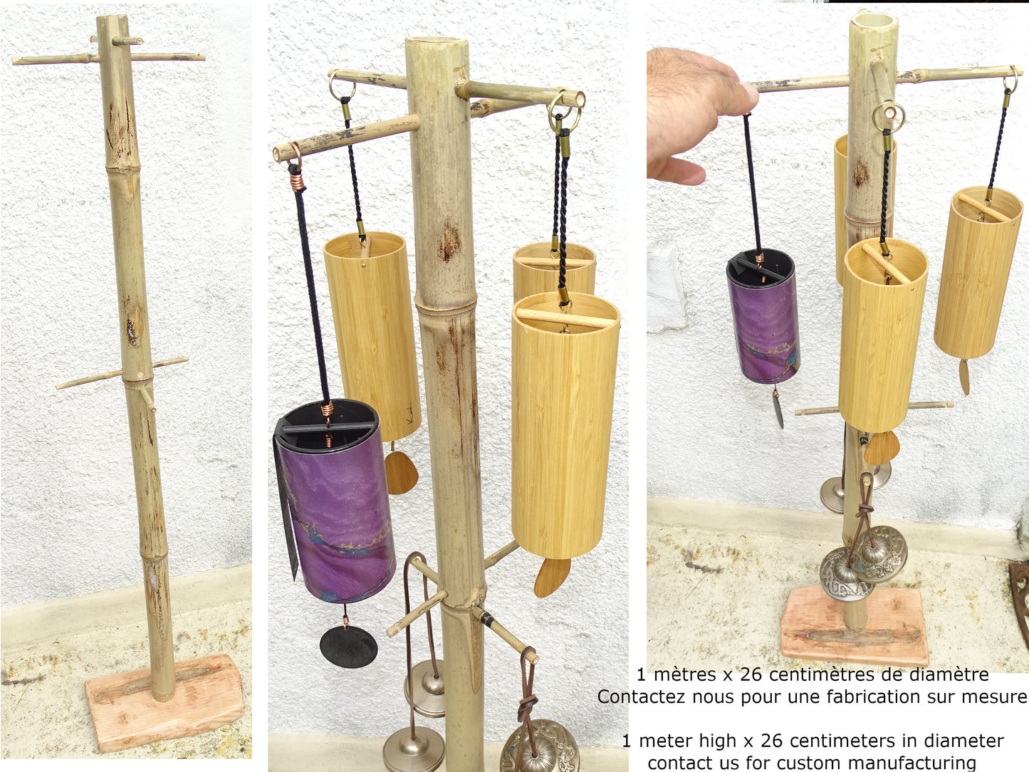 Création Gem & Zen, supports en bois 'double rang', pour carillon de style Koshi, Zaphir ou autres, de 45 ou 95 centimètres de hauteur, base de 20 x 20cm.. Convient également pour cymbale Tibétaine (Tingsha). Option finition 'mat' ou 'brillant', parfait !