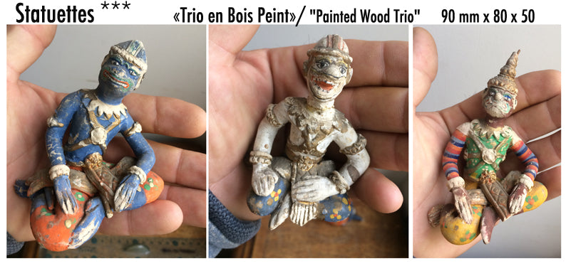 3 mini statuettes de 7 à 8 centimètres de haut. Fait et peint à la main, origine inconnue. Magnifique représentation d'homme animaux, superbe !